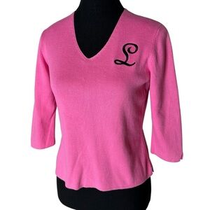 DESIGNERS ORIGINALS PETITE Pink V Neck Knit Pullover Sweater L Embroidered Small